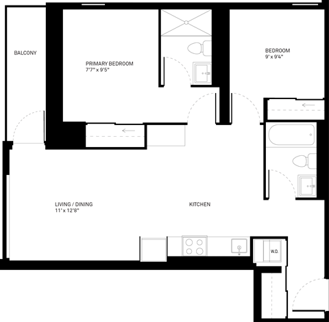 Floor plan for 2 beds, 2 baths, 828 sqft